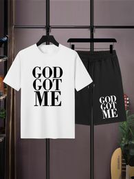 Mens Tracksuits God Got Me 2 Pieces Outfits Round Neck Short Sleeve TShirt And Drawstring ShortsTshirt Shorts Sets Summer Oversized 230724