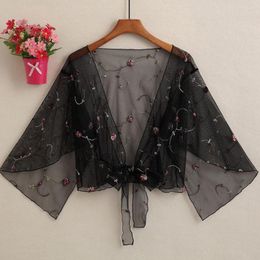 Women's Blouses Women Cropped Cardigan Tops Lightweight Floral Lace Cover Up 3/4 Sleeve With Front Lace-up For Summer