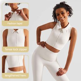 Play Lu-33 Spicy Girls Sleeveless Crop Top Fitness Sports Bra Front Zipper Shock Absorbing Running Tank Top Womens Polo Lapel Yoga Bra