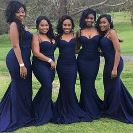 2018 African Dark Blue Mermaid Bridesmaid Dresses Sexy Spaghetti Straps Sweetheart Maid of Honour Gowns Satin Custom Made Wedding G316O