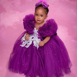 2021 Purple Lace Crystals Flower Girl Dresses Ball Gown Tulle Elegant Lilttle Kids Birthday Pageant Weddding Gowns266U