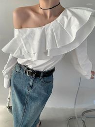 Women's Blouses Elegant Women White Cotton Ruffles Lantern Full Sleeve Slash Neck Shirts 2023 Casual Loose Female Ladies Tops WB50
