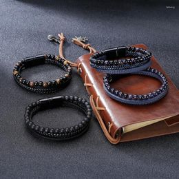 Charm Bracelets 2023 Natural Volcanic Tiger Eye Stone Leather Bracelet For Men Alloy Magnet Buckle Handmade Braided Rope