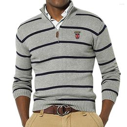 Men's Sweaters Autumn Winter Embroidery Logo Cotton Striped Pullovers Male Stand Collar Slim Fit Knitted Tops 3XL