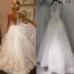 Tela de lentejuelas brillantes Vestidos de novia de boda sin respaldo Correas transparentes Cuello en V Fruncido Tren de barrido Blingbling Vestido de recepción Vestido Pl261z