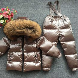 Down Coat Russia Winter Children Clothing Sets Jumpsuit Snow Jackets+bib Pant 2pcs Boy Girls 1-10Y Duck Down Coats Jacket Big Fur Hood HKD230725