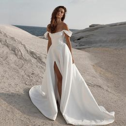 Satin A Line Wedding Dresses Sleeveless Off The Shoulder Bridal Gowns Long Train Wedding Party Gowns 2023 Simple Vestido De Noiva
