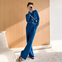 Women's Two Piece Pants Women Suit Knitted Cardigan Wide Leg 2-piece Set Casual O-neck 2 Pockets Office Lady Elegant 2023 Spring Autumn