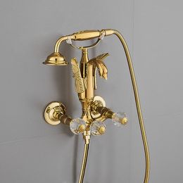 Bathtub and Shower Faucet Set Wall Mounted Gold Swan Bathtub Faucet Bathroom Cold and Hot Bath and Shower Mixer Tap Brass