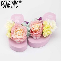 Slippers Summer Slippers Bohemia Flowers Woman Beach Flip Flops Summer Style Slides Resistant Slippers Platform Shoes Beach Slippers L230725