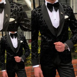 3 Pcs Black Mens Suits Wedding Tuxedos Custom Made Lace Groom Groomsmen Suit Mens' Business Formal Wear249a
