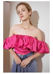 Fashion Womens Shoulder Crop Tops Ruffle Women Summer Short Sleeve Lady New Slash Neck Strapless Blouse Rose Red and White