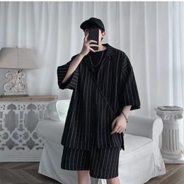Mens Tracksuits summer fashion casual shirt suits for men oversized half sleeve trend and shorts Korean large size punk striped sets 230724