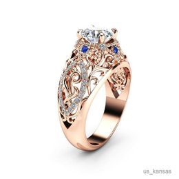 Band Rings Gorgeous Women Wedding Rings Dazzling Claw Solitaire Hollowed Out Pattern Anniversary Gift Ring Classic Jewelry R230725