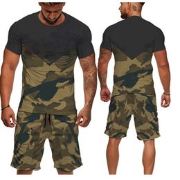 Men's Tracksuits Men's casual 2-piece set camouflage army green short sleeved T-shirt Men's loose tactical T-shirt shorts set S-6XL 230720