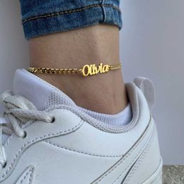 Custom Name Anklet Bracelet Stainless Steel Cuban Chain Personalized Nameplate Leg Foot Handmade Jewelry 230719