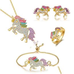 Earrings Necklace Crystal Unicorn Rings Bracelet Jewelry Set Cute Cartoon Rainbow Horse Accessories For Women Drop Delivery Sets Dhn72