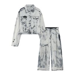 Men s Tracksuits Spring and Autumn Vintage Tie Dyed Denim Set Polo Collar Single Breasted Jacket Man Casual Fashion Loose Pants Ropa 230724