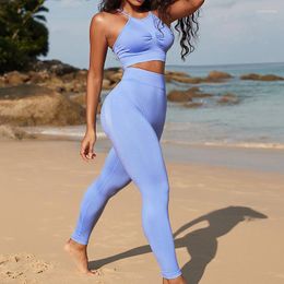 Set attivi Bretelle Scrunch Reggiseno sportivo Beauty Back Abbigliamento da yoga Set da palestra Completo da donna Completo per allenamento fitness Abbigliamento Tuta da donna Blu