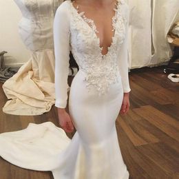 Long Sleeve Mermaid Wedding Dresses with Lace Beaded 2019 Modest V-neck Sweep Train Simple Design Trumpet Garden Wedding Gown303g