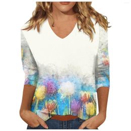 Women's T Shirts Loose Shirt Woman Three Quarter Sleeve V Neck T-Shirt Flower Printing Graphic Tees & Blouses Womens Tops And
