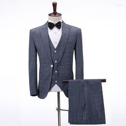 Men's Suits 2023 Business Casual Formal Wear Groom Gray Plaid Suit Jacket Slim Fit Three-Piece Cosplay Wedding Party Prom