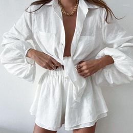 Women's Tracksuits Linen High Waist Short Sets With Shirt Women Casual Loose Fit Outfits Summer Blouse Suit 2 Two Piece Set For 2023