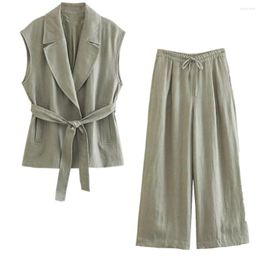 Women's Tracksuits Withered French Country Style Ladies Suit Fashion Sets Gray Green Retro Sleeveless Vest Loose Casual Wide Leg Pants