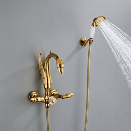 Gold Bathtub and Shower Faucet Set Wall Mounted Gold Swan Bathtub Faucet Bathroom Cold and Hot Bath and Shower Mixer Tap