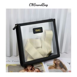 Cow Leather Trimmed Transparent PVC Wash Bags Travel Organiser Clear Makeup Bag Beauty Cosmetic Bag Toiletry Bag Make up Pouch