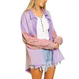 Women's Blouses Purple Plaid Patchwork Oversized Shirts For Women Fashion Casual And Tops Turn Down Collar Button Outwear Coats
