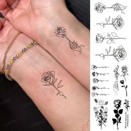 Waterproof Temporary Tattoo Sticker Small Mini Rose Bouquet Linear Black Fake Tatto Arm Hand Tatoo Man Woman Child Glitter Tato