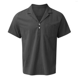 Men's Casual Shirts For Men 2023 Summer Blouses Vintage Lapel Solid Color Short Sleeved Shirt Neckline Button Top