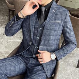 Men's Suits Men 3 Pieces Suit Spring Autumn Plaid Slim Fit Business Formal Casual Cheque Office Work Party Prom Wedding Groom