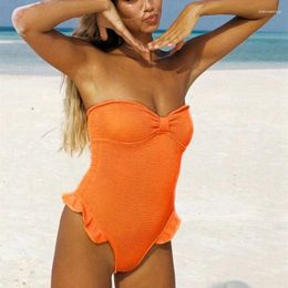 Women's Swimwear Solid Textured Swimsuit One Piece Women Bandeau Sexy Monokini Ruffled Bathing Suit 2023 Brand Desig Swimsuits