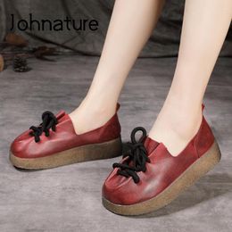 Dress Shoes Johnature Retro Pumps Women Genuine Leather 2023 Autumn Lace-Up Round Toe Handmade Leisure Platform Ladies
