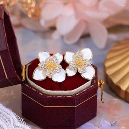 Stud Earrings Trendy Exquisite 14k Real Gold Plated Simple White Enamel Flowers For Women Girl Jewellery Zircon S925 Silver Needle