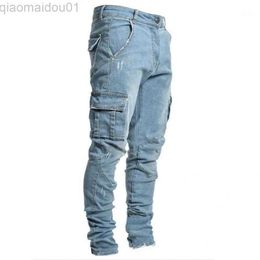 Men's Jeans Men's Jeans Multi Pockets Men Solid Color Denim Hip Hop Skateboard Cargo Stretchy Skinny Trousers L230725