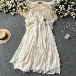 Casual Dresses Vintage Dress Lace Puff Sleeve Women Elegant Summer One Shoulder Vestidos Solid Colour Maxi Female Clothing 2023
