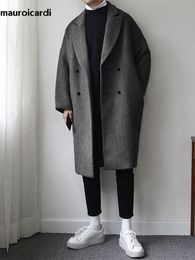 Men' Blends Mauroicardi Autumn Winter Loose Casual Grey Black Soft Warm Woollen Coat Men Lapel Double Breasted Korean Fashion 230725