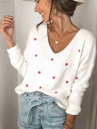 Women's T-Shirt Fitshinling V Neck Embroidery Heart Sweater Women Pullover Knitwear Korean Style Kaii Jumper Winter Casual Sweaters Tops Sale L230725