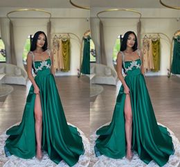 Sexy Emerald Green A Line Prom Dresses Long for Women Spaghetti Straps Beaded Side Split Pleats Draped Party Dress Formal Birthday Pageant Celebrity Evening Gowns