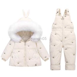 Down Coat 1-3Y Winter Girl Clothing Set Thicken Warm Down Coats Overall Pants Suit For Baby Toddler Children Outfit Kid Snowsuit Outerwear HKD230725