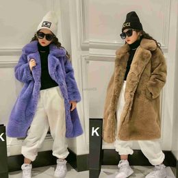 Down Coat Winter Faux Rabbit Fur Coat Girls Luxury Long Fur Coat Loose Lapel OverCoat Kids Thick Warm Plus Size Children Plush Coats HKD230725