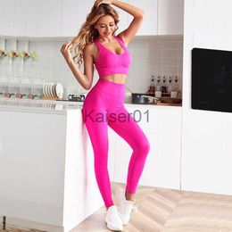 Yoga Outfits Hot pink Sportswear women's two-piece Sports bra seamless leg push rib Sportswear V-neck x0724