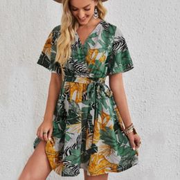 Casual Dresses Summer Short Sleeves Wedding Party Bridesmaid V Neck Floral Print Swing Dress With Belt Resort Style Sundress