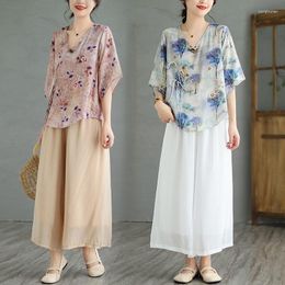 Women's Two Piece Pants 2023 Summer Ethnic Style Set Retro Literature Chinese Improved Hanfu Qipao Tops And Suits Women Homewear Z1638