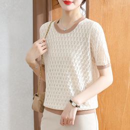 Women's Blouses Short Sleeve O Neck Knitted T-shirt Women Summer Wear 2023 Casual Top Ice Silk Tshirts Woman Hollow Office Lady Loose Tee