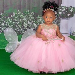 cheap lace pink flower girl dresses sheer neck ball gown little girl wedding dresses cheap communion pageant dresses gowns f362249L