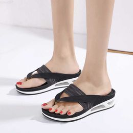 Slippers Summer Woman Sandals Leather Comfortable Beach Slippers Lightweight Fashion Air Cushion Women's Mid-heels Flip flops L230725